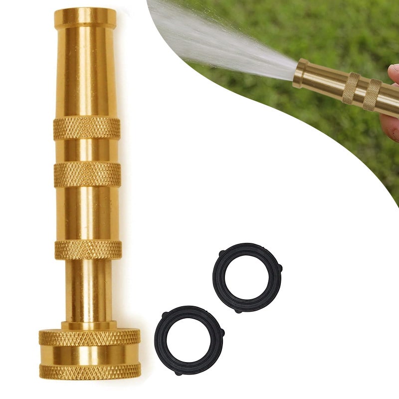 Morvat Solid Brass Metal Twist Garden Hose Nozzle, Heavy Duty Adjustable Pressure Spray Attachment, High Power Water Jet Sprayer with 4 Holes & Â¾â€ Standard Threading, Includes 2 Extra Rubber Washers - Image 1